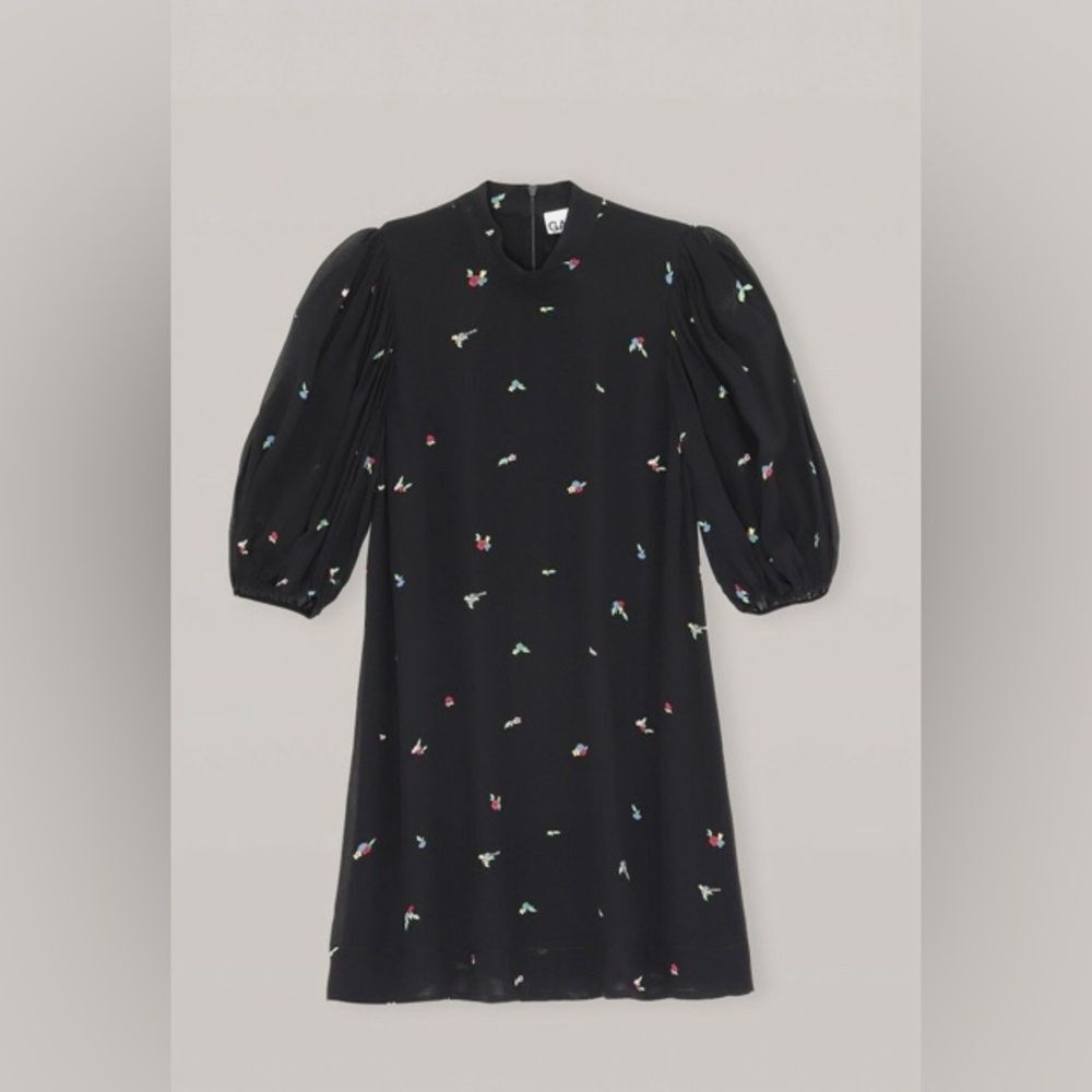 Ganni Black Ditsy Floral Patterned Georgette Mini Dress Sz 38 US 6